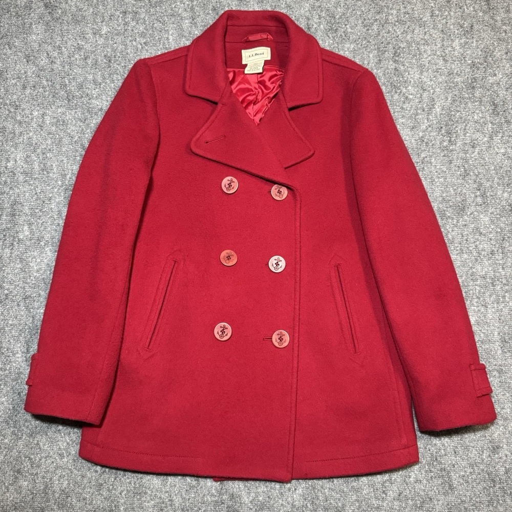 L.L. Bean Lambswool Pea Coat Jacket Women Sz 6 Double Breasted Anchor Thinsulate